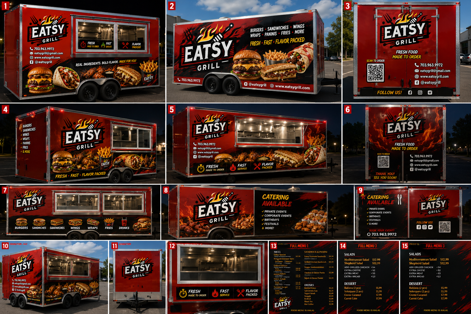 Eatsy Grill trailer wrap design concepts from every angle including menus