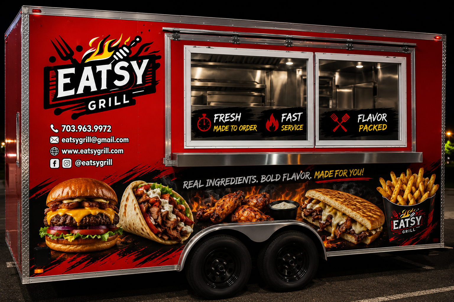 Eatsy Grill trailer wrap artwork with burger, wrap and wings